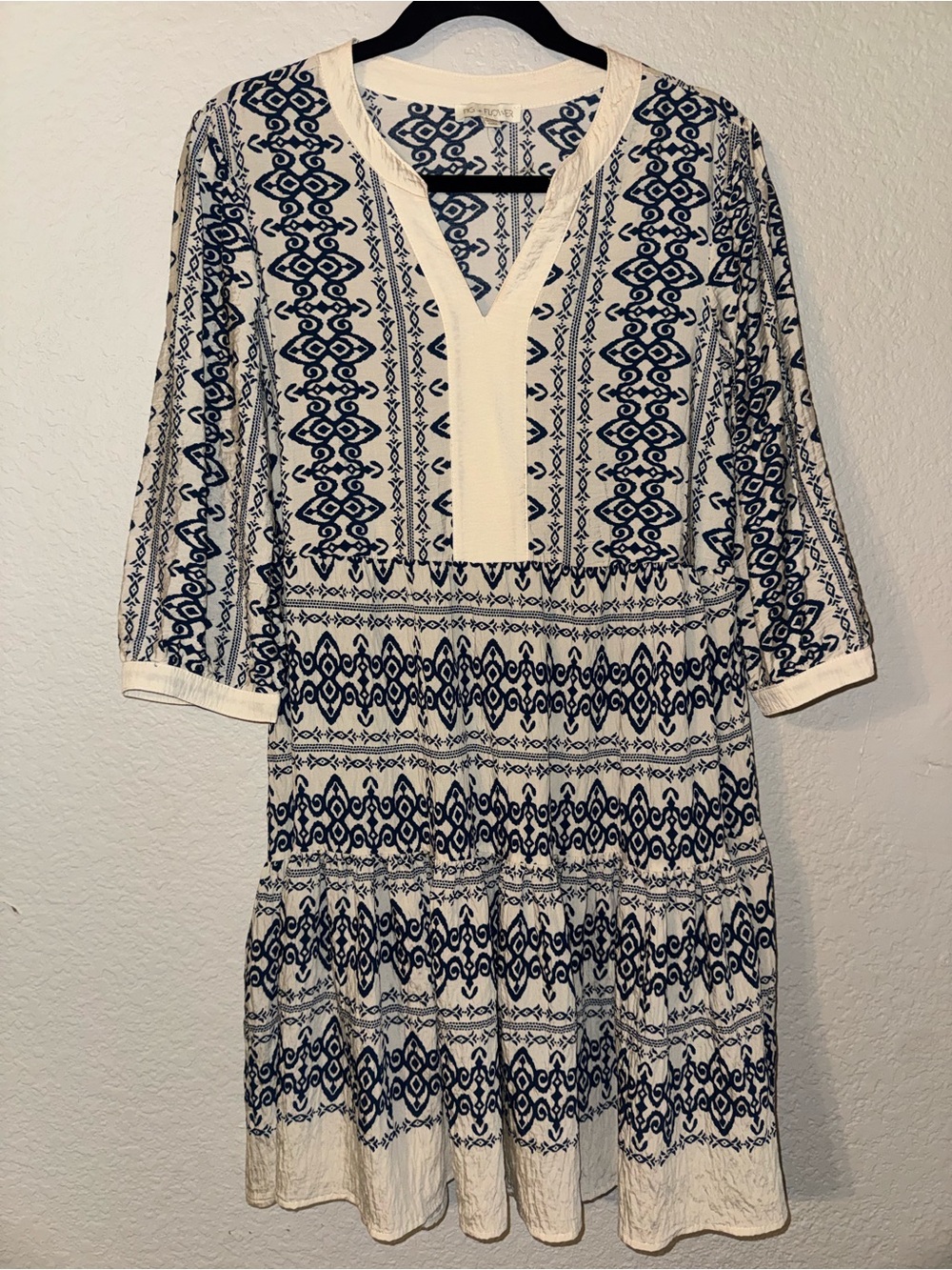 fig and flower Cream and Navy Blue Printed Boho Dress